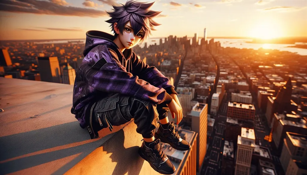 Prompt: Generate an image that emulates the appearance of an unedited photograph of a teenage boy with anime features, perched on the edge of a high building during sunset. The boy should have stylized spiky purple hair and wear a detailed purple and black hoodie, with textured black cargo pants and modern sneakers. His eyes are expressive, with a hint of reflectiveness indicative of deep contemplation. He has a casual cap tilted on his head. The image should have a photorealistic quality, capturing the raw textures of the clothing and the ambient lighting of the golden hour. The cityscape in the background is awash with the natural hues of the setting sun, interspersed with shadows and highlights that suggest the unaltered quality of a raw photo. The boy's pose is relaxed yet thoughtful, contrasting with the expansive urban environment below him. The photo should have the depth of field and detail that would be expected from a high-quality DSLR camera.