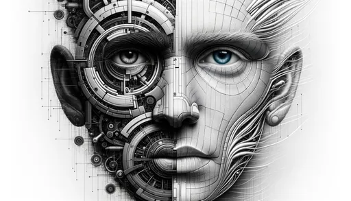 Prompt: In a wide frame, showcase a portrait that symbolizes the convergence of human essence and machine innovation. The face should seamlessly incorporate both living textures and engineered facets, serving as a testament to a world where the organic and the technological coexist in perfect harmony.
