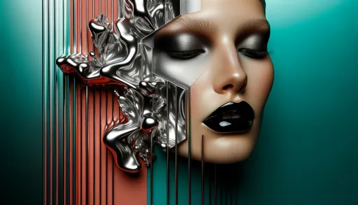 Prompt: In a surreal digital art composition, a close-up of a woman's face takes center stage. The contours of her face seem to meld and intertwine with liquid-like metallic silver formations, creating an illusion of fragmentation. Her makeup is a statement on its own, featuring deep, glossy black lips and smoldering smokey eyes that draw attention. The backdrop is a play of contrasting colors, with vivid teal and coral sections separated by slender vertical lines, adding depth and drama to the overall piece.