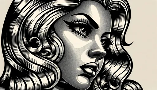 Prompt: Full-frame photo of a woman's face depicted in noir comic art style, with light silver and gold highlights, drawing inspiration from chicano art.