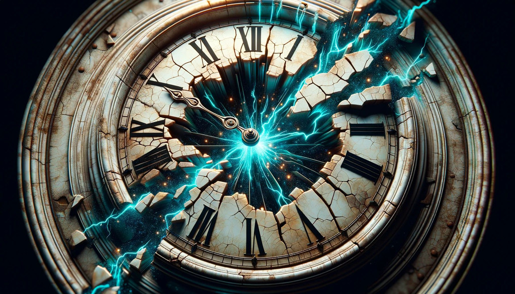 Prompt: 3D render of a fractured clock face in a vintage setting, where glowing paint emerges from the cracks, distorting the flow of time.