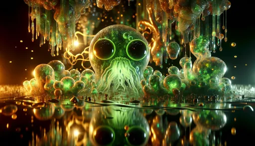 Prompt: The image depicts a mystical scene where gelatinous, luminous green creatures with large, expressive eyes emerge from a reflective liquid. Their surroundings are illuminated by golden fire-like elements, and intertwined with intricate tendrils, casting an enchanting glow against the dark ambiance.