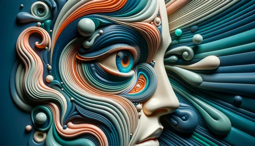 Prompt: Wide 3D depiction of a woman's visage merging harmoniously with abstract motifs in rich teal, orange, and blue hues. An oversized, intricately designed eye captures attention on the left, complemented by fluid designs. The scene boasts a profound depth of field, evoking a sense of mystery and wonder.