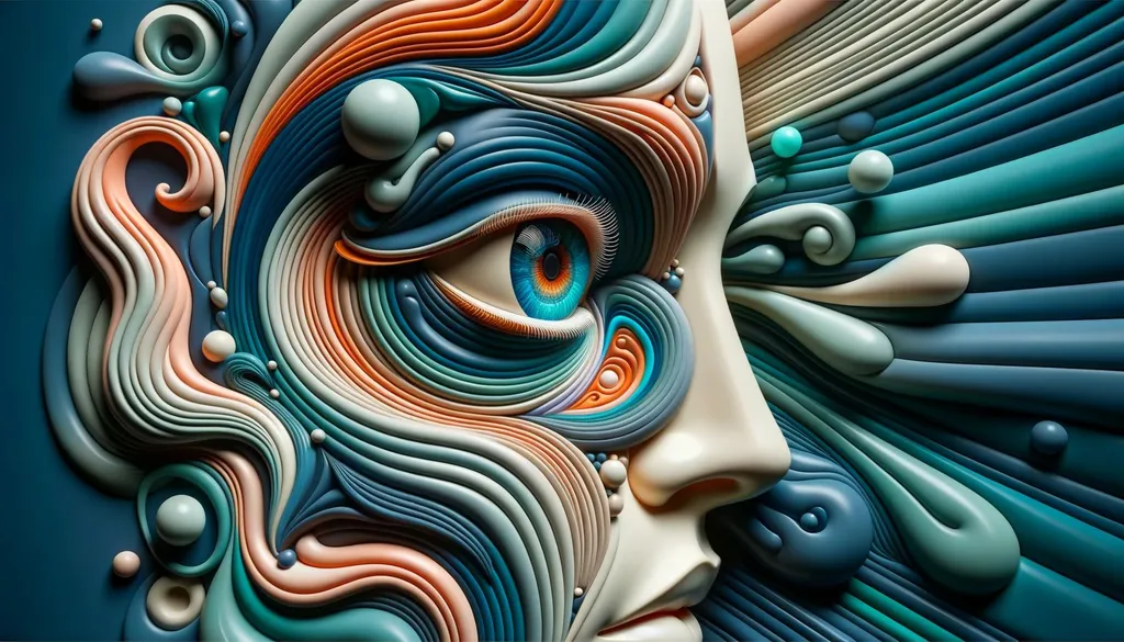 Prompt: Wide 3D depiction of a woman's visage merging harmoniously with abstract motifs in rich teal, orange, and blue hues. An oversized, intricately designed eye captures attention on the left, complemented by fluid designs. The scene boasts a profound depth of field, evoking a sense of mystery and wonder.