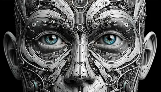 Prompt: The image depicts a detailed, futuristic face that merges organic and mechanical elements. The eyes are strikingly lifelike, set against a backdrop of intricate circuitry and metallic components. The overall design seamlessly intertwines the human and technological realms.