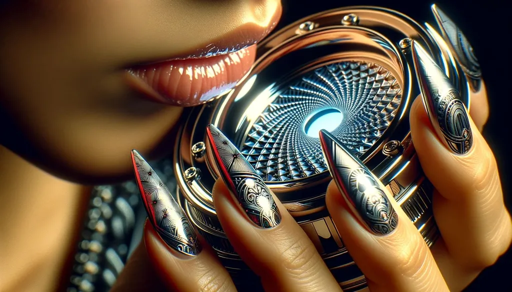 Prompt: Macro photo focusing on a piece of future tech with chromepunk aesthetics. A hand of a woman of Latin American descent interacts with the device, her nails adorned with modern ethnic patterns. The tech surface reflects a pre-raphaelite-inspired scene, and as the light hits, a captivating gaze seems to emerge from the device. Delicate hurufiyya patterns are visible on the edges.