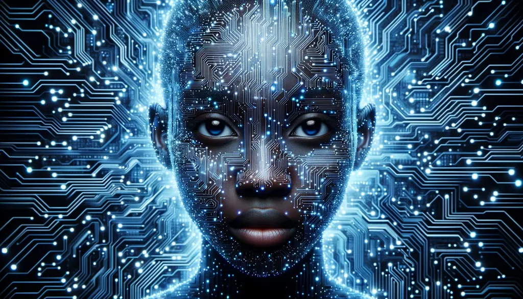 Prompt: Photo filling the entire frame, showcasing a young African woman with her face deeply merged with luminous circuitry. The intricate electronic patterns extend seamlessly to every edge, with the blue digital ambiance pervading the entire space, illustrating a boundless blend of humanity and technology.