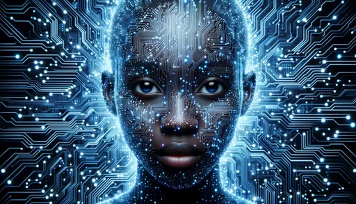 Prompt: Photo filling the entire frame, showcasing a young African woman with her face deeply merged with luminous circuitry. The intricate electronic patterns extend seamlessly to every edge, with the blue digital ambiance pervading the entire space, illustrating a boundless blend of humanity and technology.