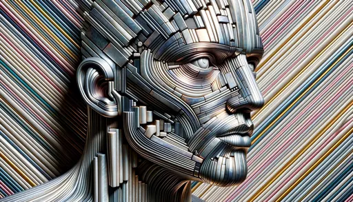 Prompt: Oil painting capturing the head and shoulders of a man sculpted from shimmering metal, reflecting the influence of futurism. The 8k 3D visuals accentuate the machine-inspired aesthetics, with stripes and geometric shapes adding depth. His exaggerated facial features, especially the eyes, exude a captivating gaze, representing an epitome of idealized beauty.