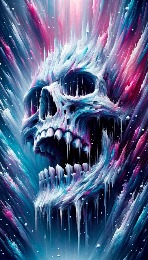 Prompt: Vertically illustrate an eerie skull, awash in wintry blue shades, materializing from a chaotic maelstrom of brilliant pinks and purples. It's embraced by jagged streaks, reminiscent of splintered glass, and white droplets plummet, underscoring the scene's profound emotionality.