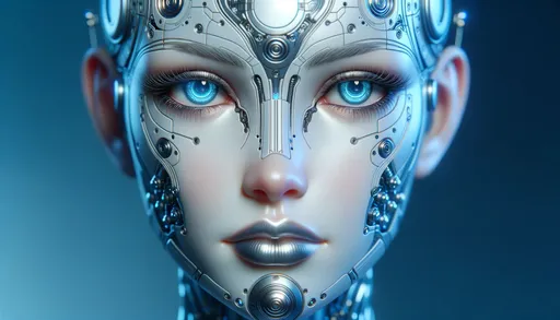 Prompt: 3D render showcasing a close-up of a highly detailed female android's face. The soft blue illumination enhances her intricate circuitry and metallic components, with her almost human-like eyes and shimmering metallic lips standing out in wide ratio