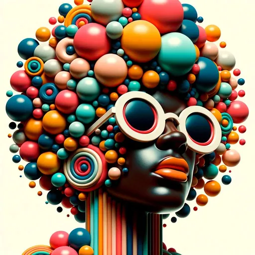 Prompt: a human wearing sunglasses, in the style of afrofuturism, bold color blobs, photographically detailed portraitures, 3d, mushroomcore, circular shapes, retro feel