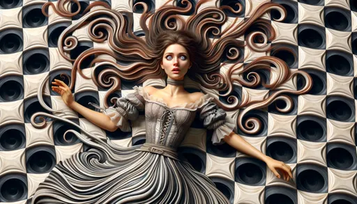 Prompt: Create an artistic 3D render depicting a woman in a vintage dress, laying atop a swirling checkerboard pattern. Her long hair should flow wildly around her, and her eyes should be widened in shock or surprise. Use creative lighting and texturing to enhance the artistic quality of the image, emphasizing the dramatic expression on her face.