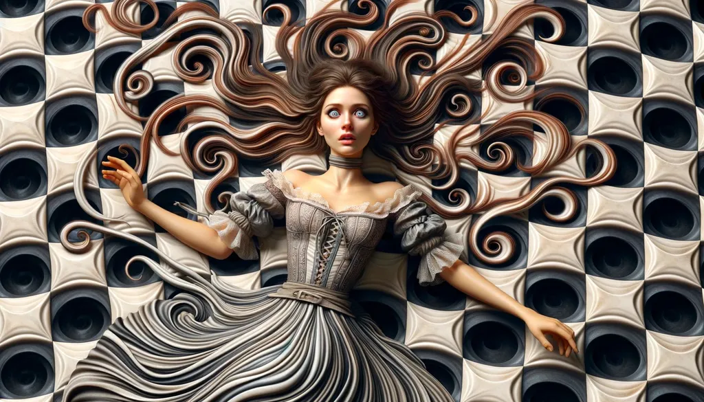 Prompt: Create an artistic 3D render depicting a woman in a vintage dress, laying atop a swirling checkerboard pattern. Her long hair should flow wildly around her, and her eyes should be widened in shock or surprise. Use creative lighting and texturing to enhance the artistic quality of the image, emphasizing the dramatic expression on her face.