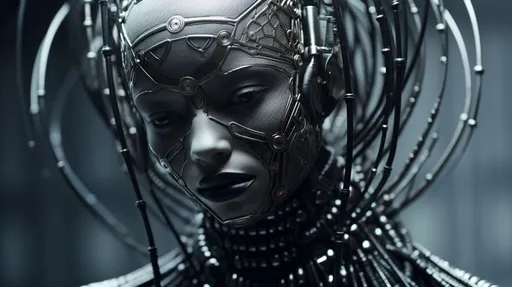 Prompt:  image of woman with wires on her head, in the style of cybernetic sci-fi, dark silver and dark black, afrofuturism, intricate costumes, algorithmic artistry, 8k resolution, exaggerated facial features