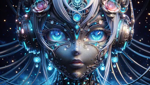 Prompt: Macro photo illuminating the intricate facial texture of an anime android robot girl, with eyes that appear as portals to a celestial realm in shades of blue, accentuated by neon art nouveau embellishments and silver highlights, set against a deep space canvas in wide ratio