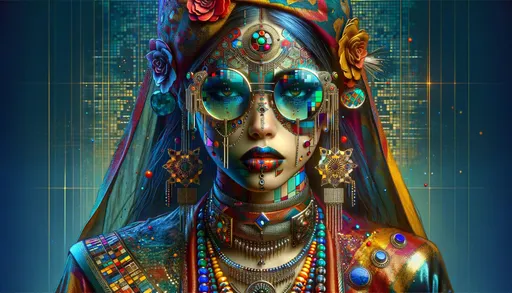 Prompt: Artistic render of a woman with diverse South Asian descent in a vibrant costume adorned with unique glasses and opulent jewelry, influenced by cyberpunk futurism, with dramatic shadows and highlights, hints of mosaic patterns, and nods to Indian pop culture aesthetics in wide ratio.