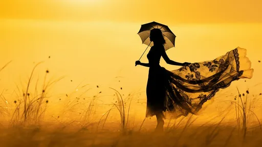 Prompt: The image depicts a silhouette of a woman standing amidst a golden field, holding a delicate lace umbrella. Her black dress flows gracefully down to the ground, contrasting with the warm backdrop. The scene exudes an air of mystery and serenity.