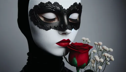 Prompt: Pale white girl face wearing a black mask with red lipstick smelling a red rose