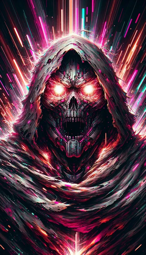 Prompt: Tall portrayal of a daunting armored entity in glitchcore style, eyes radiating a piercing glow, dominating the entire canvas from edge to edge. It's ensconced in bursts of neon pink and intense orange energies. The worn-out folds of its cloak flutter, catching luminescent shades and fragments of brilliance, emphasizing its intimidating posture amidst the engulfing gloom.