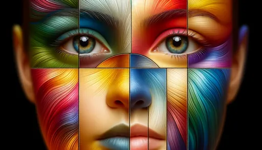Prompt: Macro photo of a human face in different colors divided into sections in wide ratio