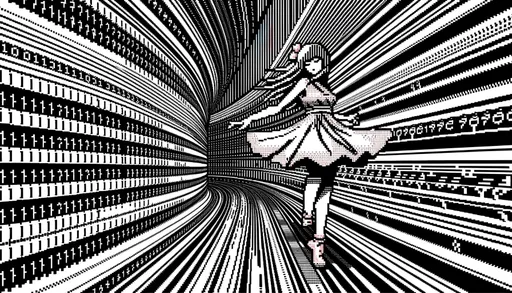 Prompt: Wide image presenting a dancing ASCII girl, rendered in vector form. The scene is enhanced by a scrolling ASCII art background, evoking a sense of movement and digital artistry.