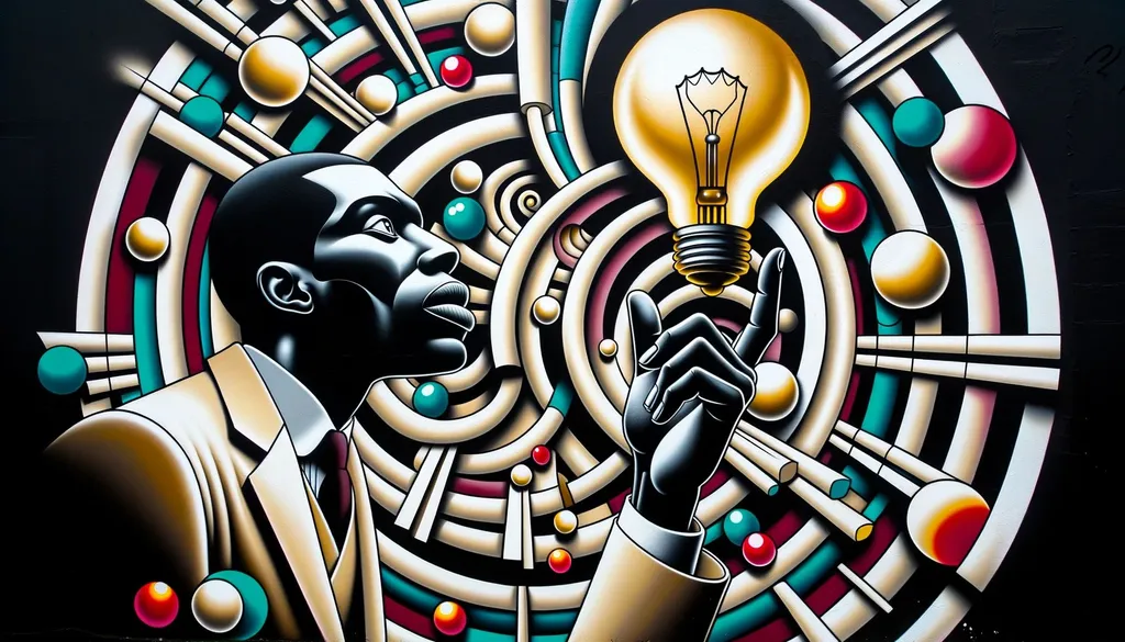 Prompt: A wide, vivid spray paint art depiction of a black person with a light bulb in hand. The focus is on the joints and connections, surrounded by exaggerated scenes that blend deco-pop and neo-classical forms, with a touch of poolcore and relief elements.