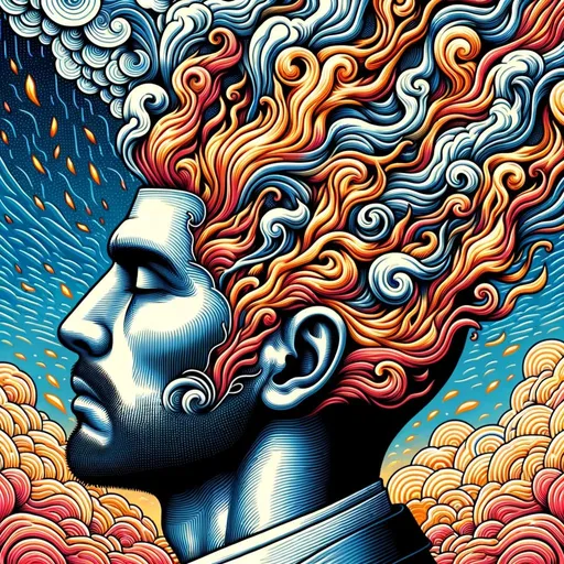 Prompt: A crisp neo-pop art illustration of a man with Hispanic descent, his head crowned with swirling fire. The background showcases a detailed sky, enriched with honeycore motifs and vibrant color fields, depicting trapped emotions.