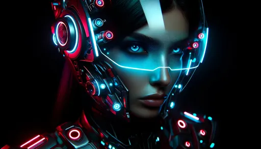 Prompt: Wide ratio portrayal of a woman from a future era, donning a cutting-edge helmet lit up with neon and holographs. Her visor, emitting a serene blue hue, uncovers her resolute expression. Her deep black hair forms a contrast to her crimson shoulder armor and the intricate design of her equipment.