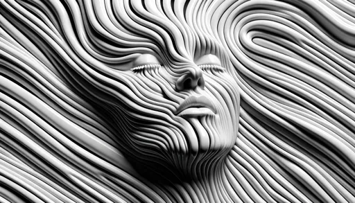 Prompt: 3D render inspired by ZBrush techniques, showcasing a face in black and white set against a dynamically striped background, emphasizing fluidity and a porcelain-like texture.