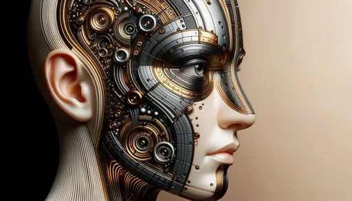 Prompt: Render of a cybernetic face where human features are enhanced by intricate gold and metal designs, contrasted with sections of black and white striped patterns. The background's light bronze and dark blue tones emphasize the face's merger of human emotion and technological artistry.
