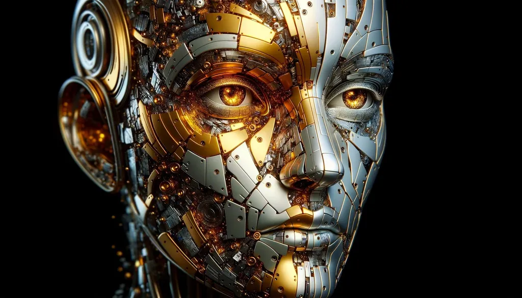 Prompt: Illustration of a humanoid robot with a face shimmering in golden and metallic shades. The eyes, intricately detailed, exude life and emotion. The rest of the face is made of fragmented metal pieces.