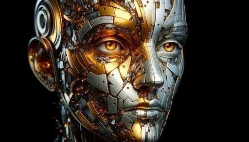 Prompt: Illustration of a humanoid robot with a face shimmering in golden and metallic shades. The eyes, intricately detailed, exude life and emotion. The rest of the face is made of fragmented metal pieces.