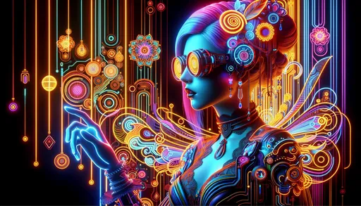 Prompt: 3D render capturing a woman of the future, illuminated by neon art nouveau motifs. Her look, embellished with cybergoth facets, contrasts strikingly against a magewave-themed backdrop. The scene pulsates with vibrant hues and labcore technological artifacts, marrying art and future in one frame.