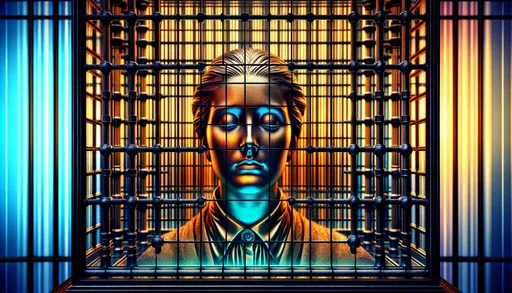 Prompt: An HDR photograph of a woman's face pressed against a curtain of black bars, showcasing enhanced contrasts and vibrant colors. The image features a color scheme of light bronze and dark blue, accented with neon grids. The glass-like curtain contributes to the timeless beauty. The composition, including a symmetrical grid in a wide ratio format, emphasizes the high dynamic range typical of HDR photography, with rich details and deep shadows.