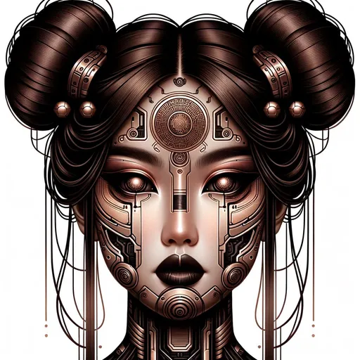 Prompt: Digital art showcasing a girl with makeup reminiscent of a futuristic robotics theme. The design is symmetrical, with subtle Asian-inspired motifs. The color palette is dominated by dark bronze and black, rendering a lifelike appearance.