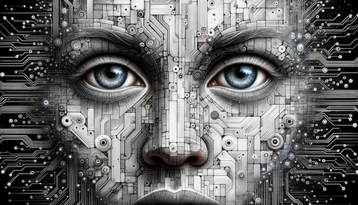Prompt: Spanning a broad canvas, a state-of-the-art facial depiction stands out, weaving together living textures and engineered facets. The eyes, radiating genuine emotion, are juxtaposed against a detailed background of circuit designs and metallic elements, exemplifying the fusion of human essence and tech innovation.