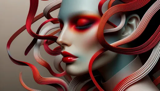 Prompt: A striking digital artwork showcases a close-up of a woman's face, enveloped by sinuous ribbons of vibrant red against a muted background. Her skin has a soft bluish tint, contrasting with the fiery hue of the flowing patterns. Her bold, red eyeshadow matches her glossy lips, adding to the surreal ambiance.
