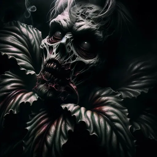 Prompt: dark realism style depiction of a zombie plant, with deep shadows and moody tones.