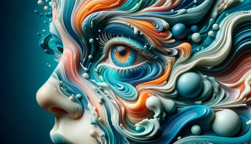 Prompt: 3D render of a woman's face blending with abstract elements in vivid teal, orange, and blue. A detailed, oversized eye is a focal point on the left, surrounded by fluid patterns. The composition has an extreme depth of field, creating a dreamlike and ethereal atmosphere.