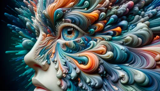 Prompt: Rendered in 3D, a wide scene portrays a woman's face seamlessly blending with vivid abstract artistry. A pronounced, detailed eye anchors the left side, with the face enveloped in swirling, fantastical forms in shades of teal, orange, and blue. The scene is accentuated with an extreme depth of field, reflecting a realm of imagination.