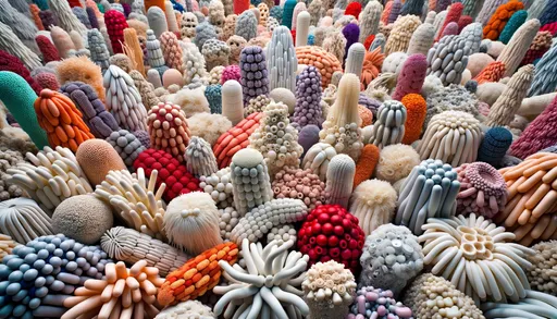 Prompt: Macro perspective of a collection of bacteria sculptures, made out of diverse plastic materials, arranged in a wide composition.