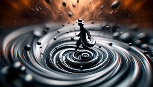 Prompt: vanta black figurine swirling into existence, captured in a macro photography style with extreme close-up detail, sharp focus on the figurine with a surreal background that seems to swirl around it, in wide ratio