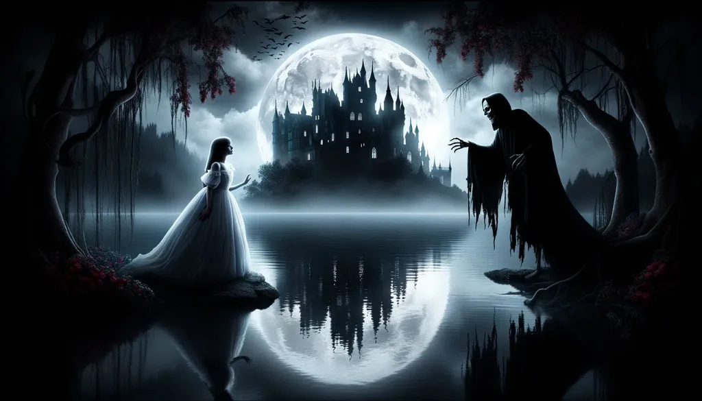 Prompt: A chilling Gothic tableau in wide ratio, where a serene lake reflects the moonlit silhouette of a castle. On its shores, a girl with an aura of innocence is entranced by a phantom figure, his presence a blend of allure and menace, showcasing the duality of love and terror.