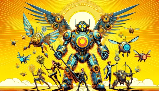 Prompt: The image depicts a vibrant assembly of futuristic characters on a vivid yellow backdrop. Central is a large robot with intricate designs and a bullseye chest emblem. Flanking it are a caped female hero, a smaller robot with a staff, and two hovering creatures with propellers. Bright, playful patterns and graphics add depth to the scene. in wide ratio