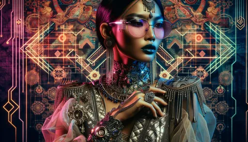 Prompt: Artistic photo render of a woman of diverse Southeast Asian descent, draped in a shimmering costume, accessorized with avant-garde glasses and intricate jewelry. The backdrop reveals a blend of cyberpunk neon lights with classical Indian motifs, creating a harmonious fusion in wide ratio.