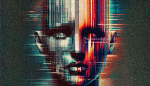 Prompt: An image that captures the aesthetic of analog video effects to represent 'deep fake' technology. It should include visual elements like scan lines, static noise, and color distortions that are characteristic of vintage video recordings. The artwork should suggest a facial form being distorted and manipulated by these analog effects, without displaying any actual human likeness or trademarks, in a wide format.