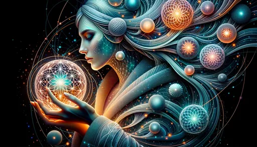 Prompt: 3D render of a tranquil woman, with her hair and outfit blending seamlessly into an entrancing array of geometric orbs and designs. These patterns shine brightly in shades of blue, orange, and teal. Luminescent globes hover around her, and she gently cradles one, revealing its detailed allure. Luminous dots embellish her face, reflecting the design of the orbs.