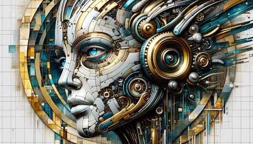 Prompt: Digital art of a mechanized woman's face, beautifully detailed in gold and azure hues. The backdrop features fragmented advertising visuals, and the entire composition leans towards expressing emotion, contrasting with the hard edges and metallic forms.