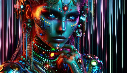 Prompt: Raw photo portraying a futuristic, humanoid figure adorned with intricate jewelry, electronic interfaces, and vibrant patterns on her attire. Her gaze is intense, and her skin glows with a mix of natural and neon hues. Cascading digital rain and illuminated lines surround her, enhancing the cybernetic ambiance. in wide ratio